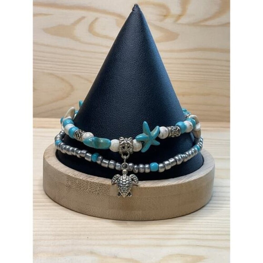 Turquoise & Pearl Starfish Turtle Charm Bracelet Set